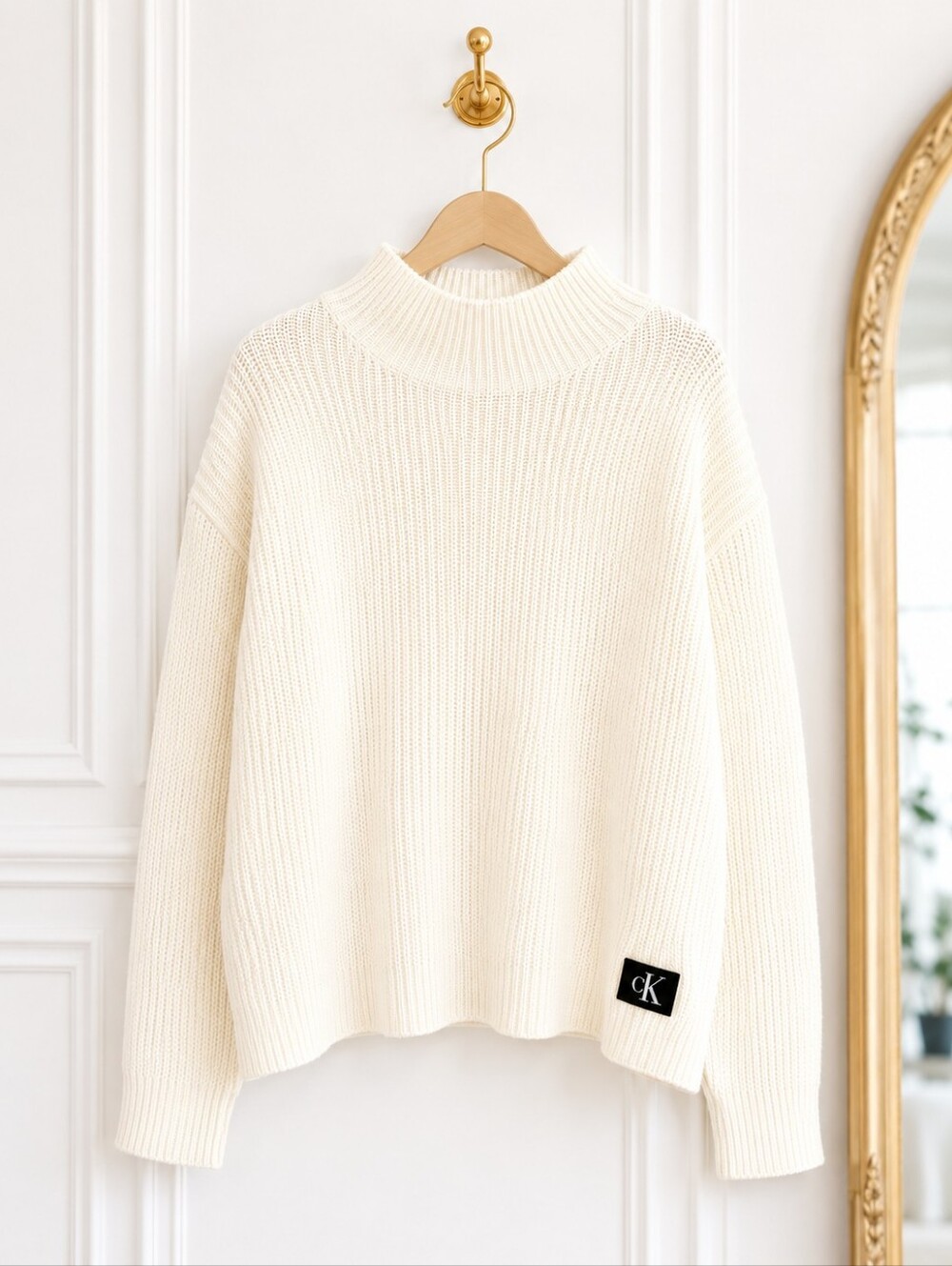 Calvin Klein Rib Knit Mock Neck Sweater | Ivory Cream | Size Large - Picture 5 of 8